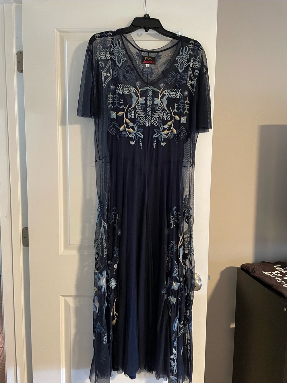 Johnny Was Navy Sheer Embroidered Floral Maxi Dress